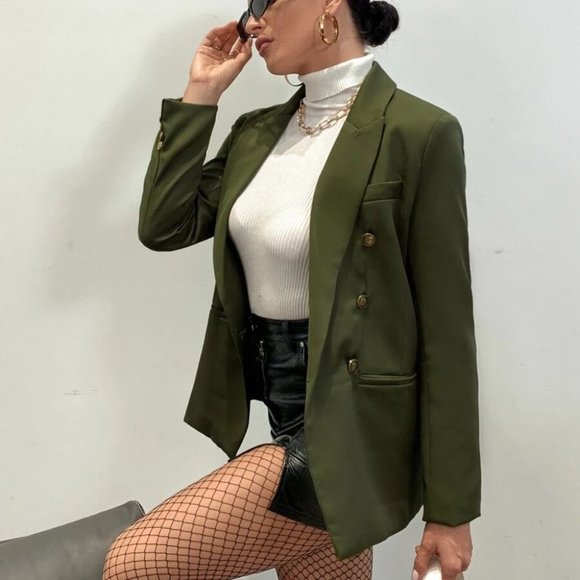 Lapel Collar Double Breasted Blazer Army Green - Picture 5 of 8